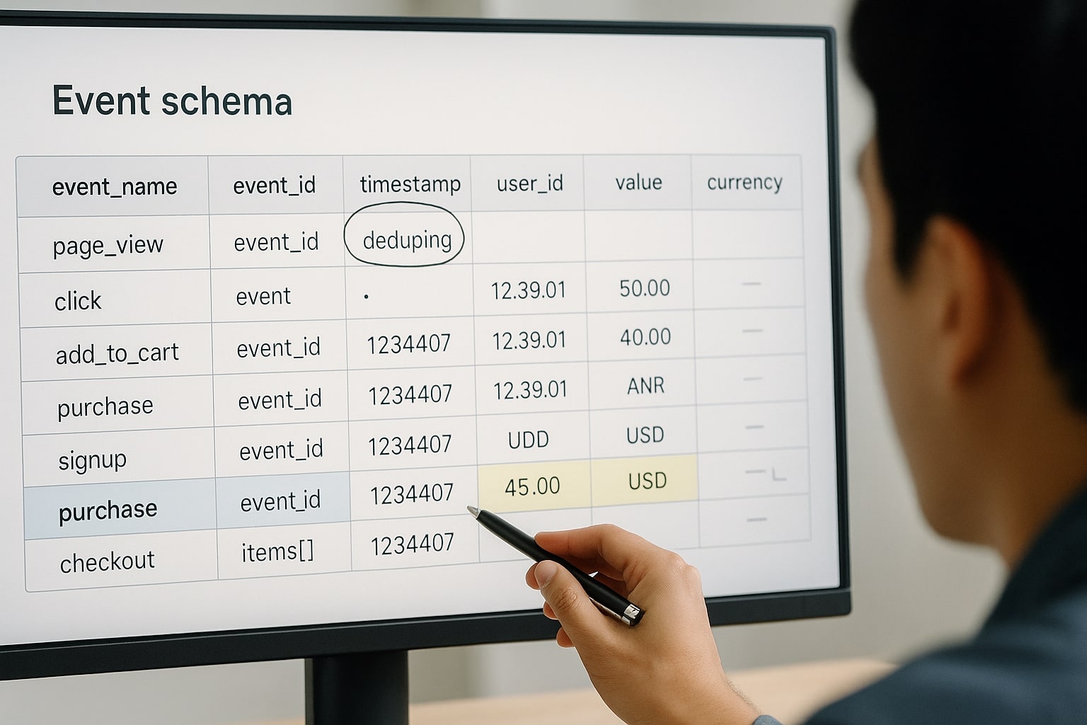 Engineer validating Conversions API purchase event with value, currency, and event id