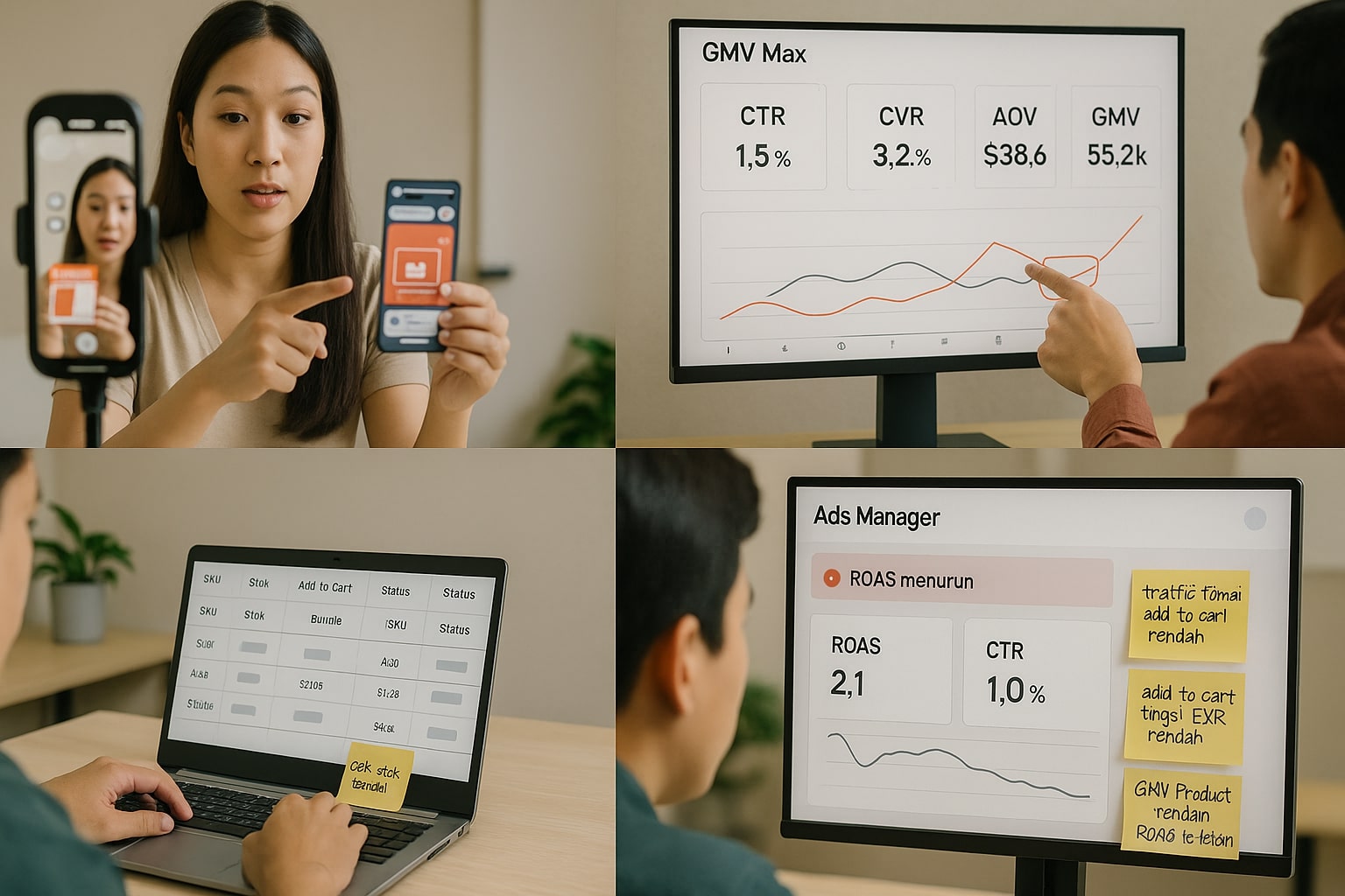 Empat panel diagnosa cepat 11.11 menampilkan traffic, add to cart, CVR, GMV, dan ROAS pada GMV Max.