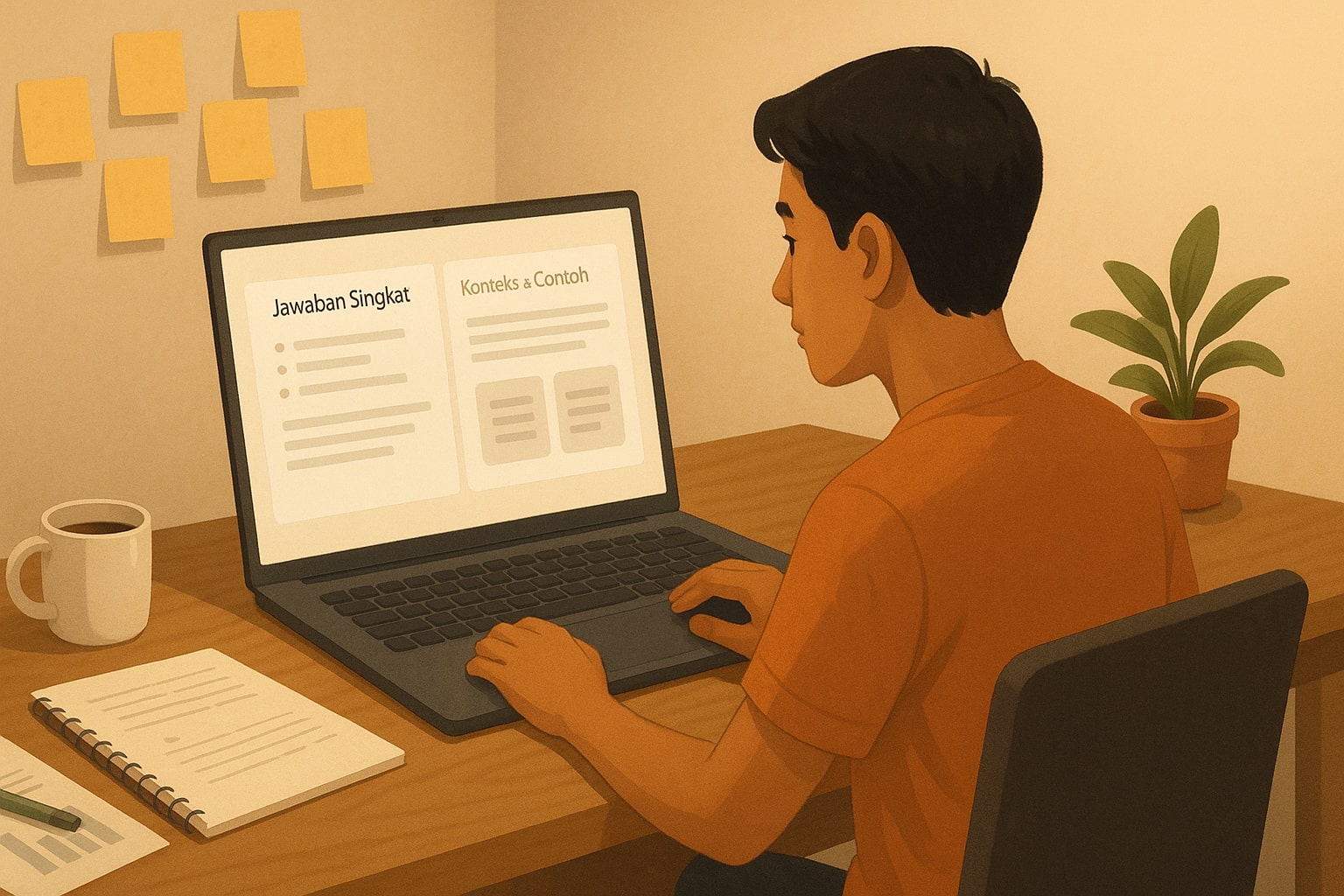 Penulis konten menyusun jawaban singkat dan paragraf mendalam di layar laptop