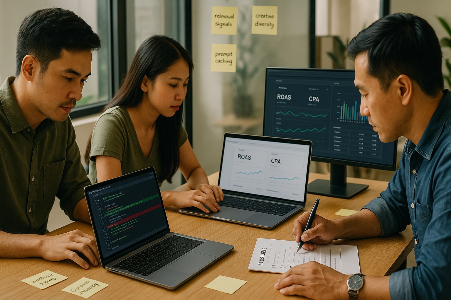 Young professionals review code, ad metrics, and a field notes checklist for practical AI workflows