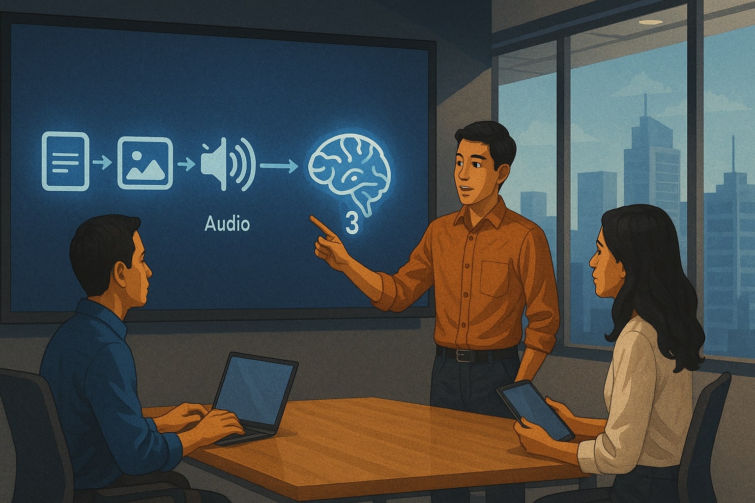 Ilustrasi penjelasan sederhana cara kerja multimodal Google Gemini 3 di ruang meeting.