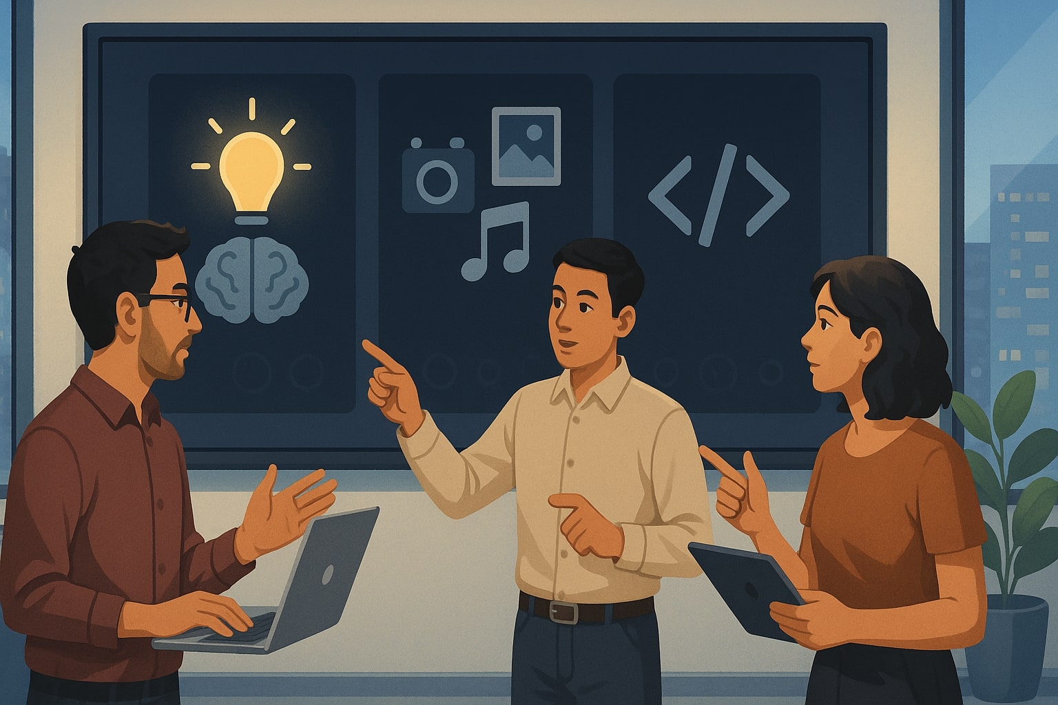 Ilustrasi tim yang memanfaatkan fitur utama Gemini 3 untuk coding, analisis, dan konten.