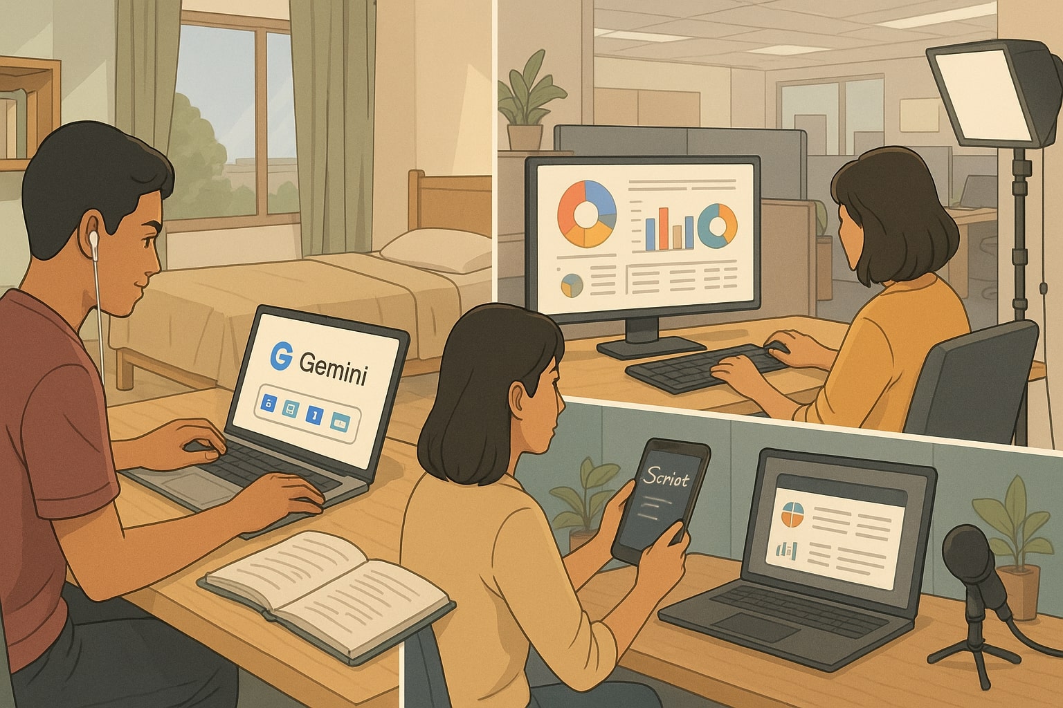 Ilustrasi dampak Gemini 3 pada pelajar, pekerja kantoran, dan kreator konten di Indonesia.