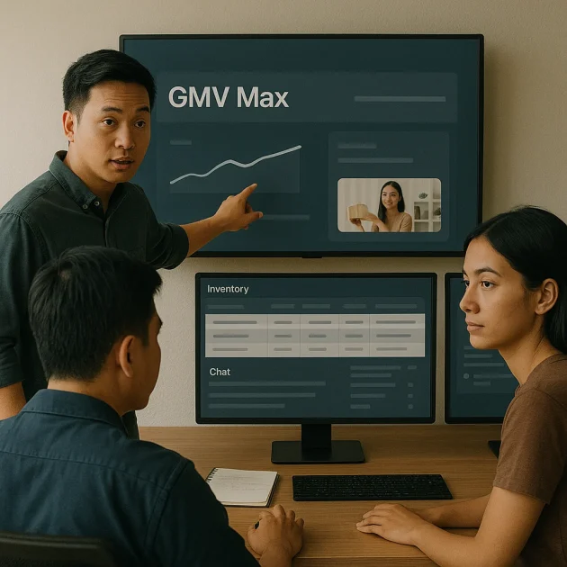 Strategi GMV Max 11.11 dengan ROI dan Live di ruang kerja tim e-commerce