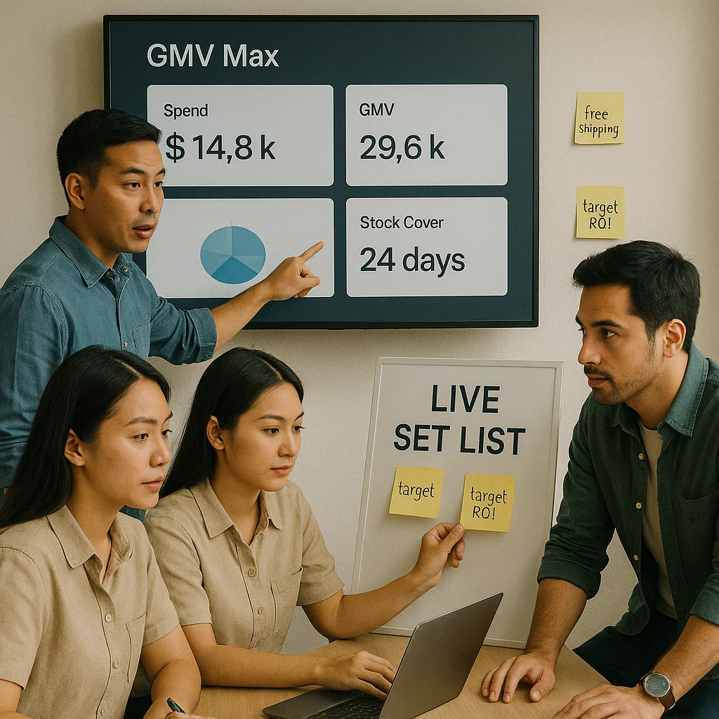 GMV Max 11.11 control room with team tracking spend GMV ROI and stock cover