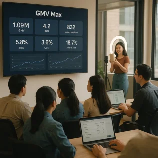 Tim menyiapkan GMV Max TikTok Shop untuk 11.11 dengan dashboard kinerja dan studio Live.