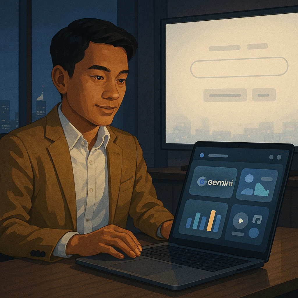 Ilustrasi profesional muda Indonesia memakai Google Gemini 3 di laptop dan AI Mode di layar besar.