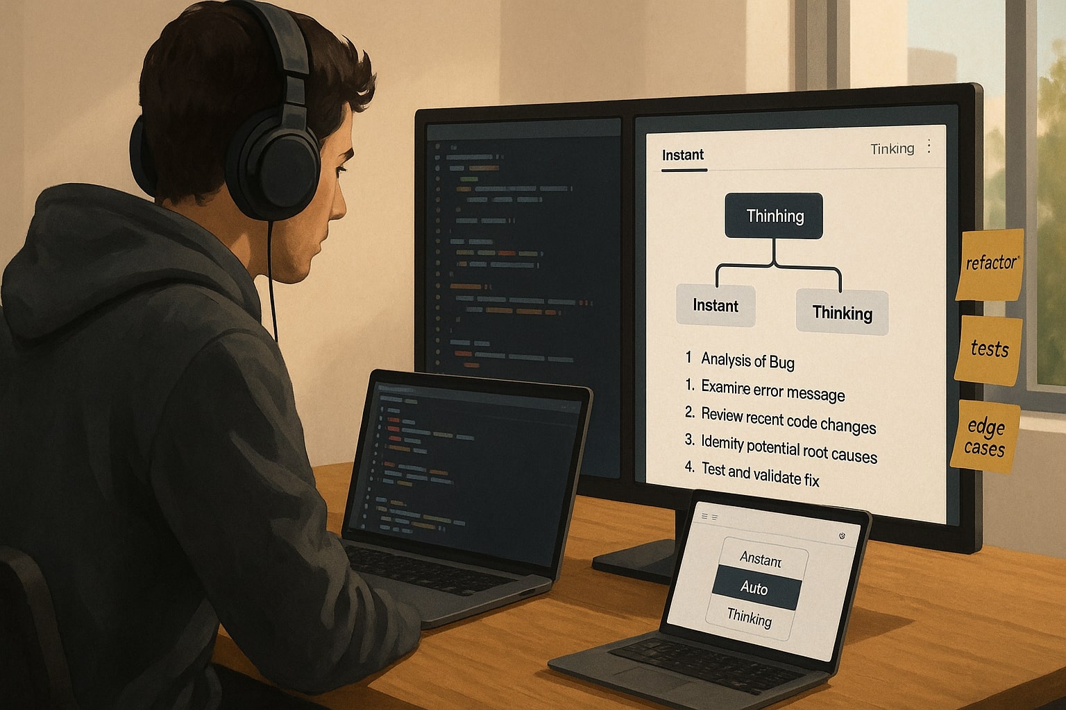 Developer using GPT-5.1 Instant and Thinking side by side to debug complex code