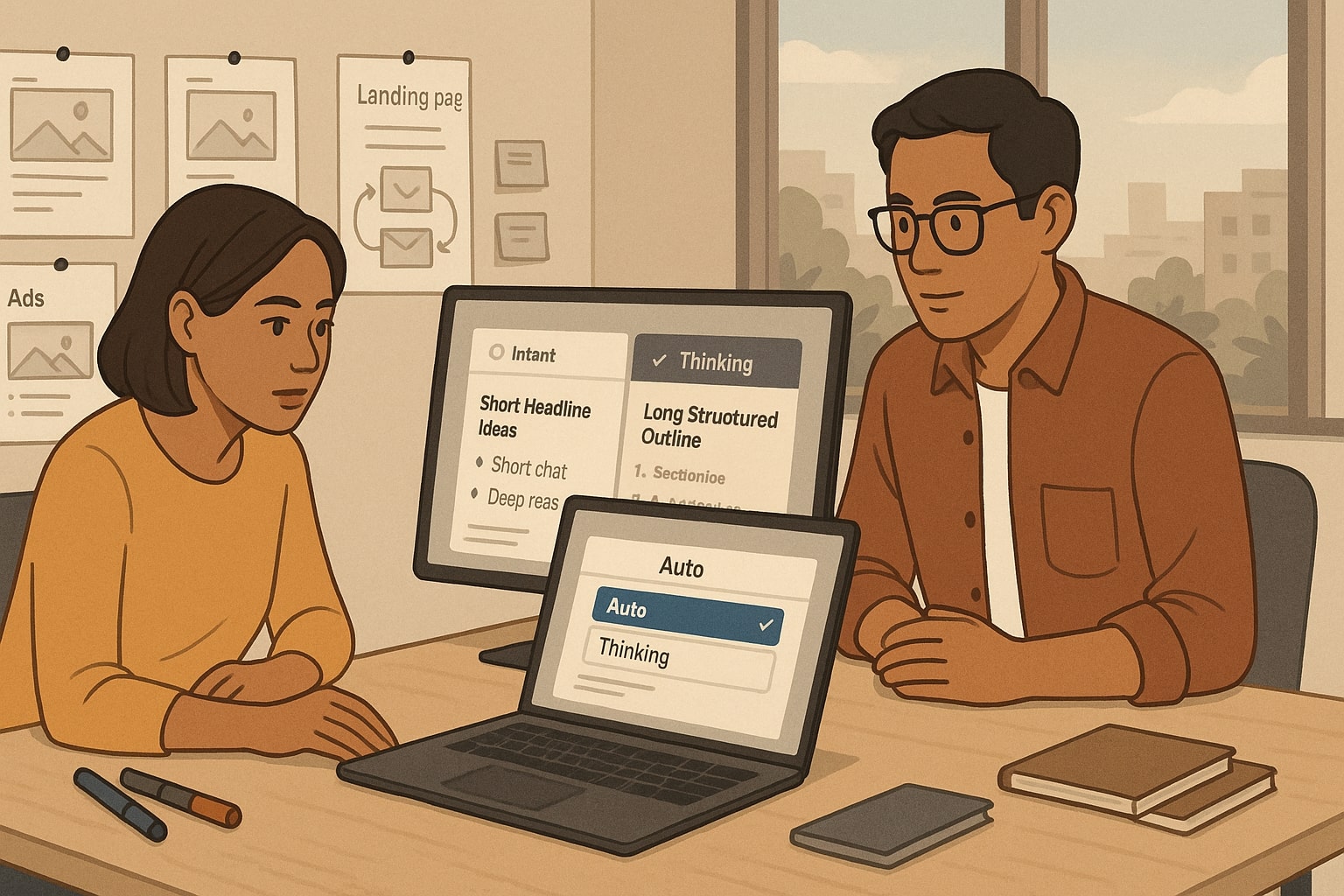 Content marketer reviewing GPT-5.1 outputs for headlines and long form strategy on laptop