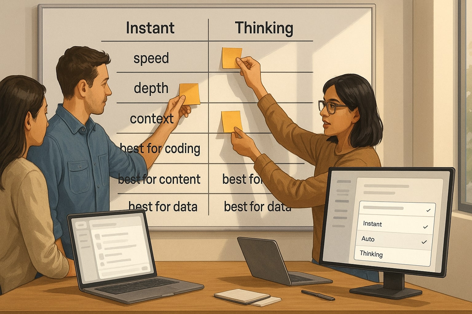 Team comparing GPT-5.1 Thinking vs Instant features on a whiteboard matrix