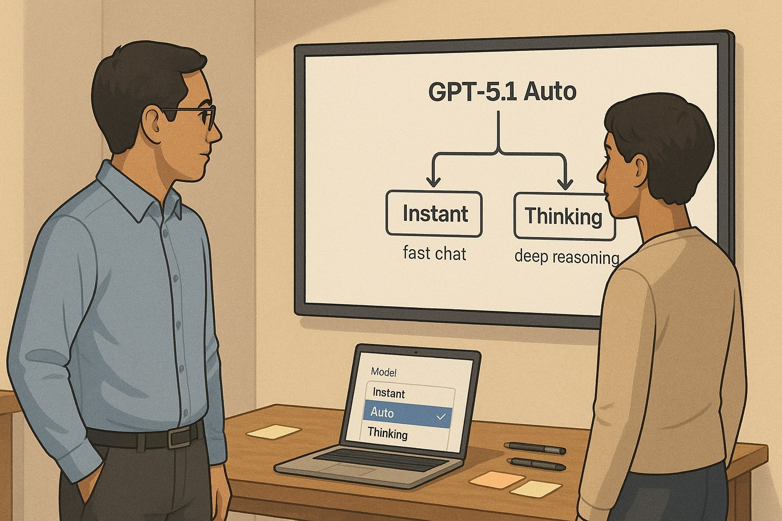 Product manager inspecting GPT-5.1 Instant vs Thinking mode switch and auto routing diagram