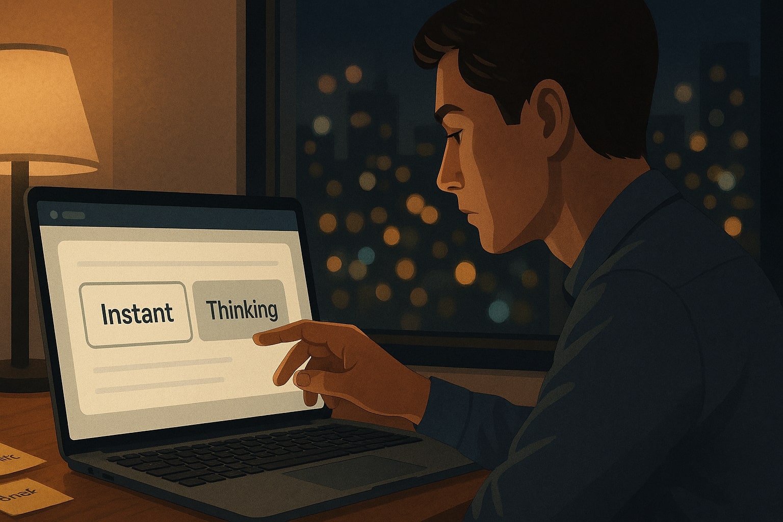 Profesional muda menimbang dua opsi GPT-5.1 Instant dan Thinking di layar laptop