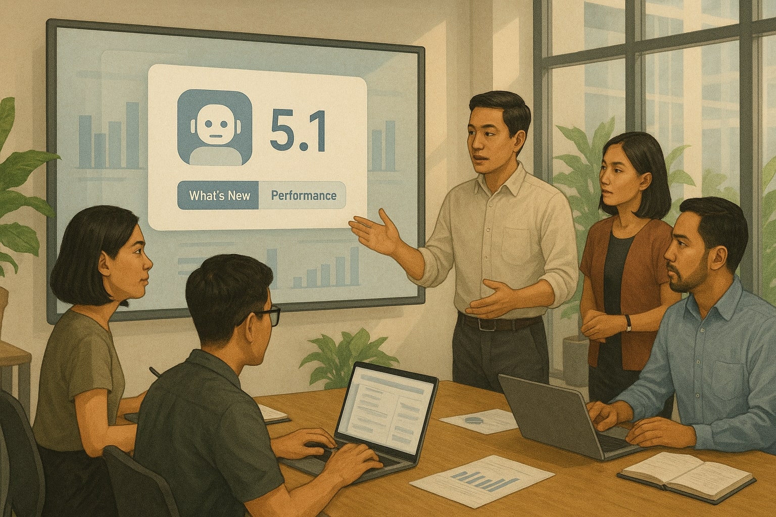 Pengguna teknologi dan bisnis melihat pengumuman GPT-5.1 di layar laptop