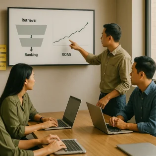 Analyst presenting Andromeda retrieval to ranking funnel and ROAS trend for 11.11 in a Southeast Asia office