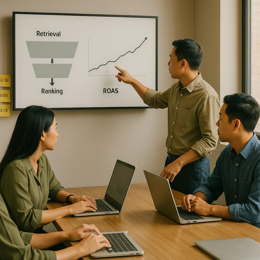 Analyst presenting Andromeda retrieval to ranking funnel and ROAS trend for 11.11 in a Southeast Asia office