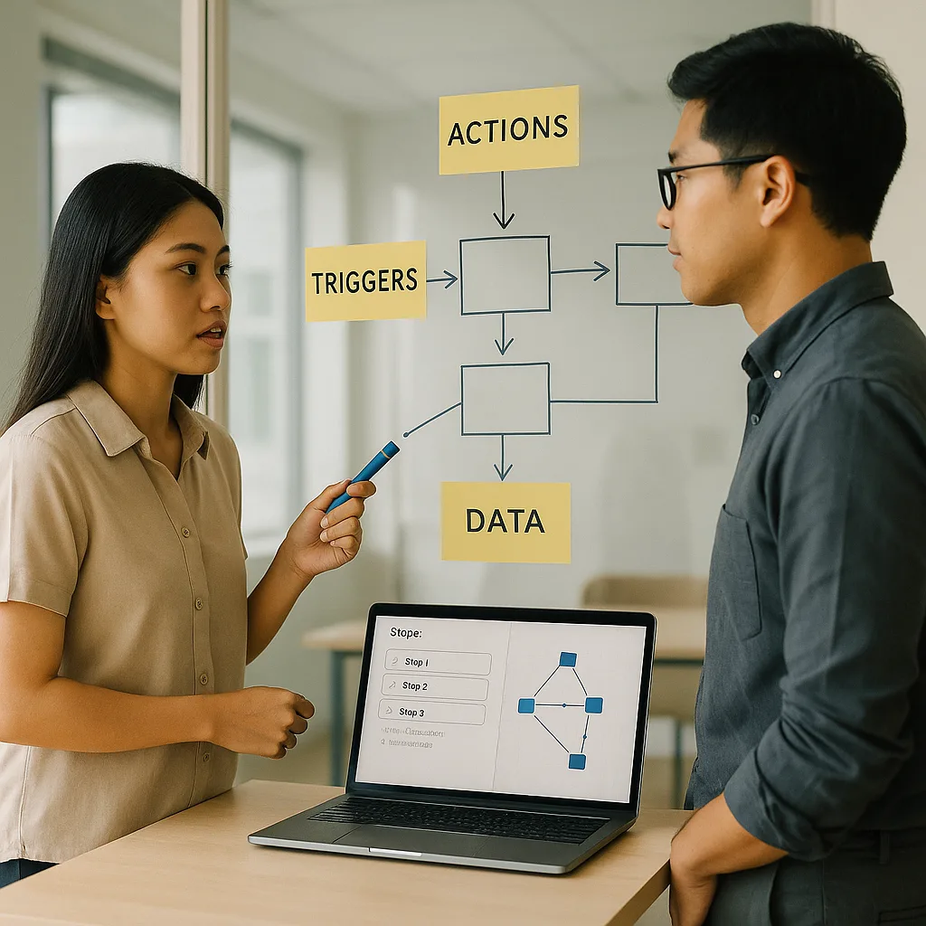 Perbandingan n8n vs Zapier 2025, tim meninjau dashboard otomatisasi