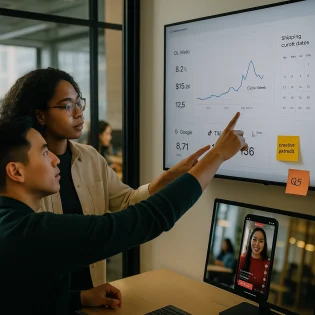 Team reviewing Meta Google TikTok holiday ads with live sales data.