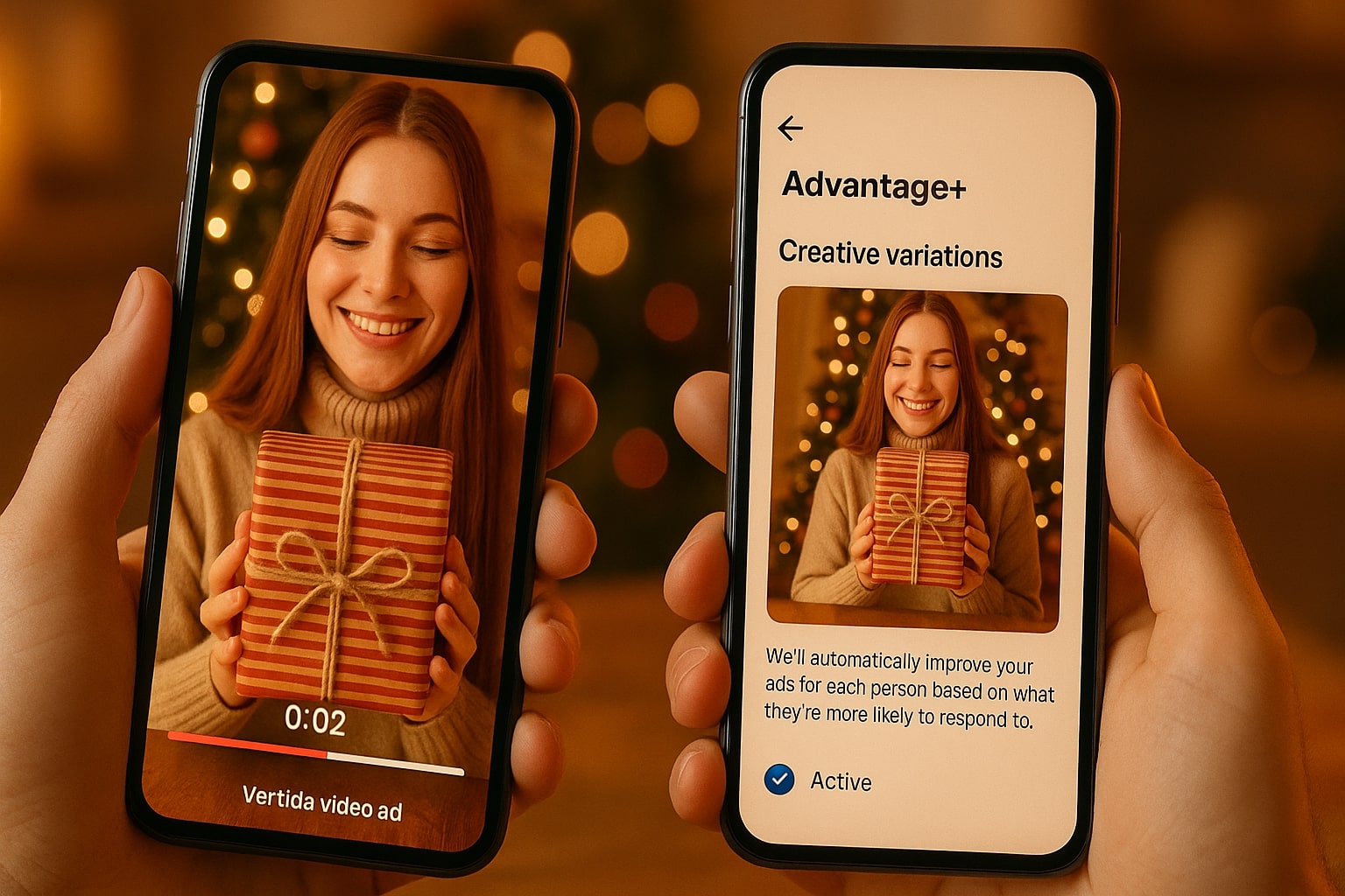 Creator style vertical ad and Advantage Plus setup for holiday campaign.