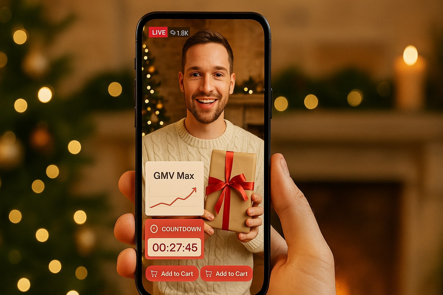TikTok LIVE with GMV Max and urgency overlays.