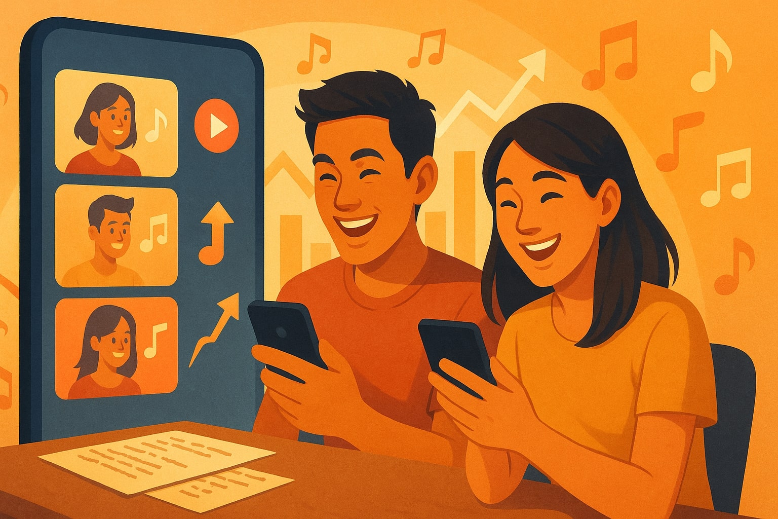 dua anak muda menonton short video dengan musik viral tiga menit di ponsel