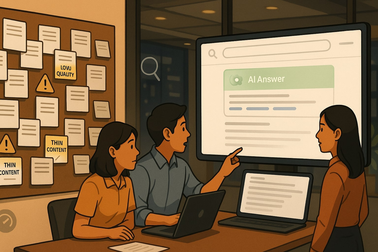 Tim marketing menatap papan proyek berantakan penuh duplikasi artikel dan peringatan kualitas konten untuk AI Overview