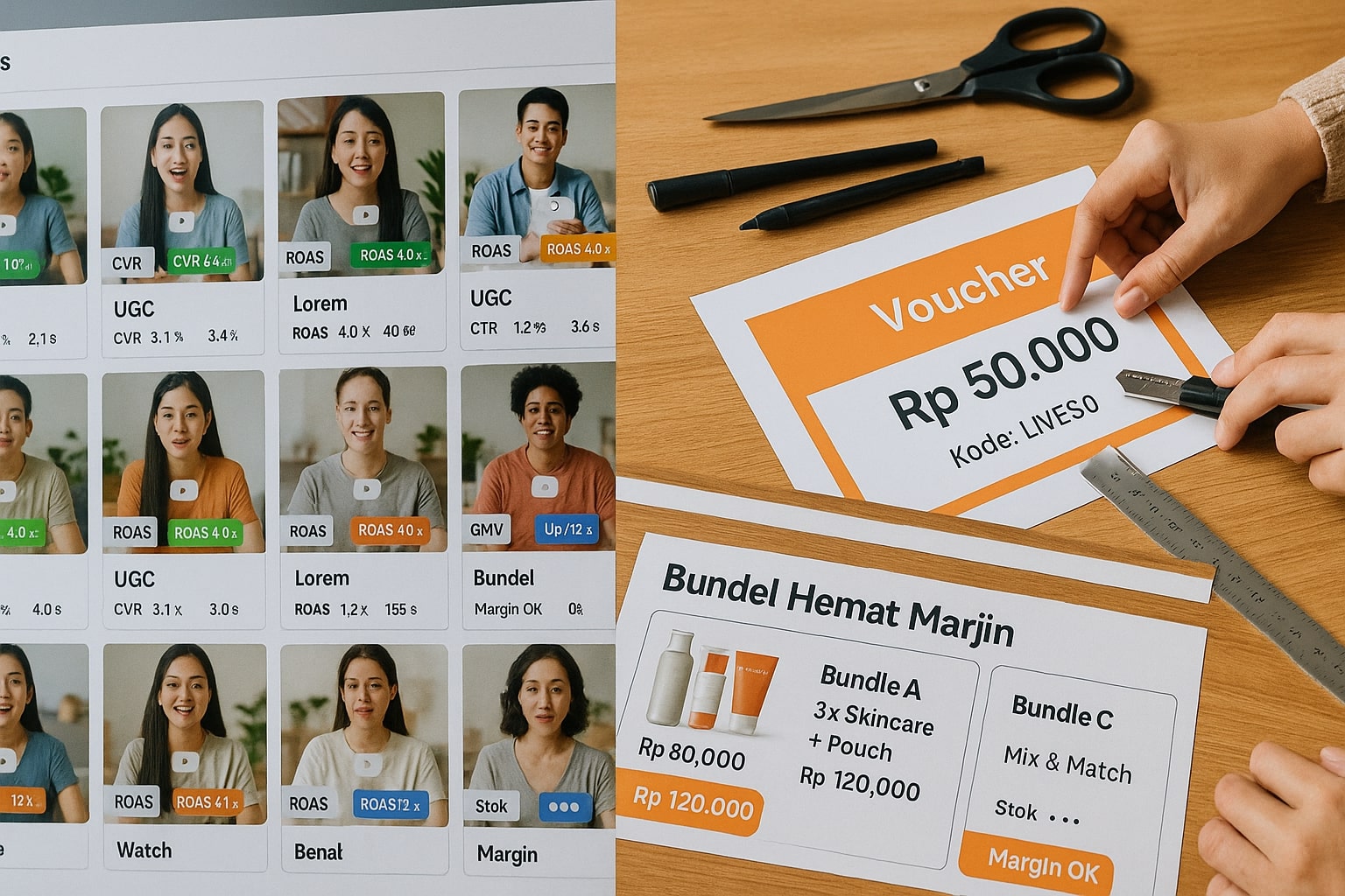 Variasi kreatif, voucher berjenjang, dan bundling untuk jaga ROAS.