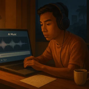 kreator muda Indonesia membuat lagu viral tiga menit dengan musik AI di laptop