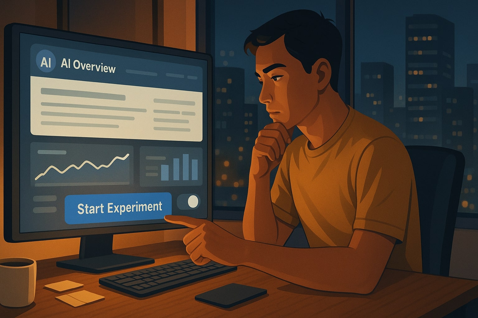 Ilustrasi marketer menekan tombol start pada dashboard eksperimen SEO AI Overview