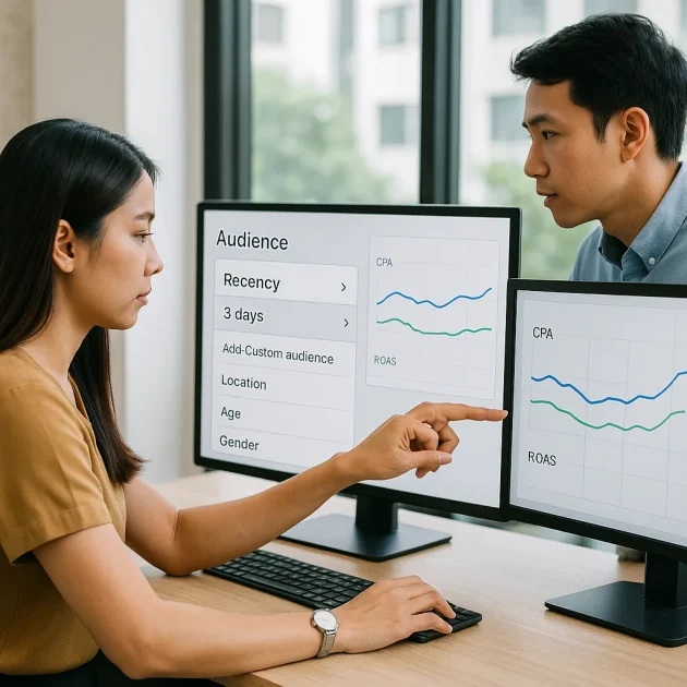 Marketer configuring Meta Ads Recency 3 audience with CPA and ROAS dashboard