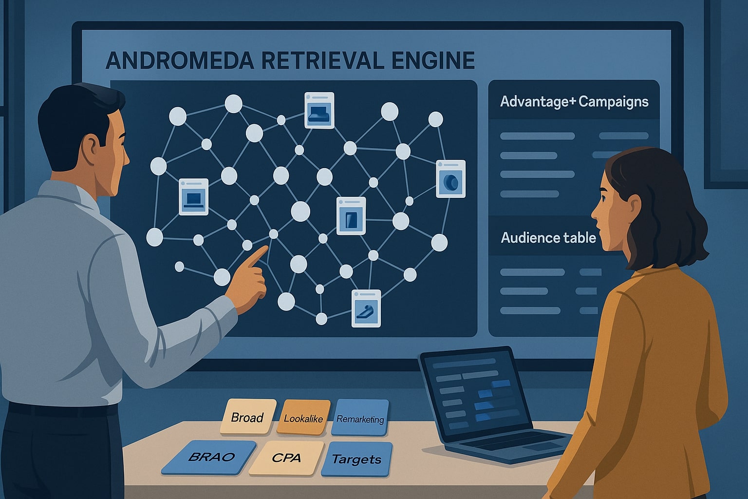 Engineer and marketer discuss Meta Andromeda retrieval engine and Advantage Plus campaigns.