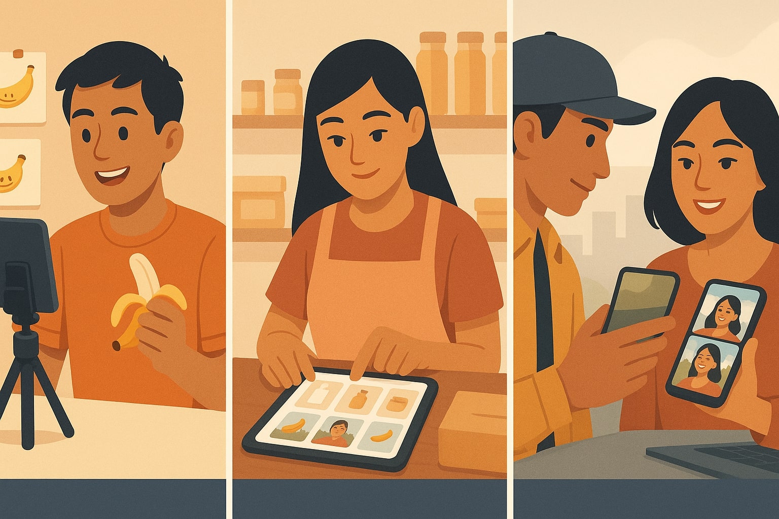 Ilustrasi berbagai pelaku usaha kecil memakai Nano Banana di HP