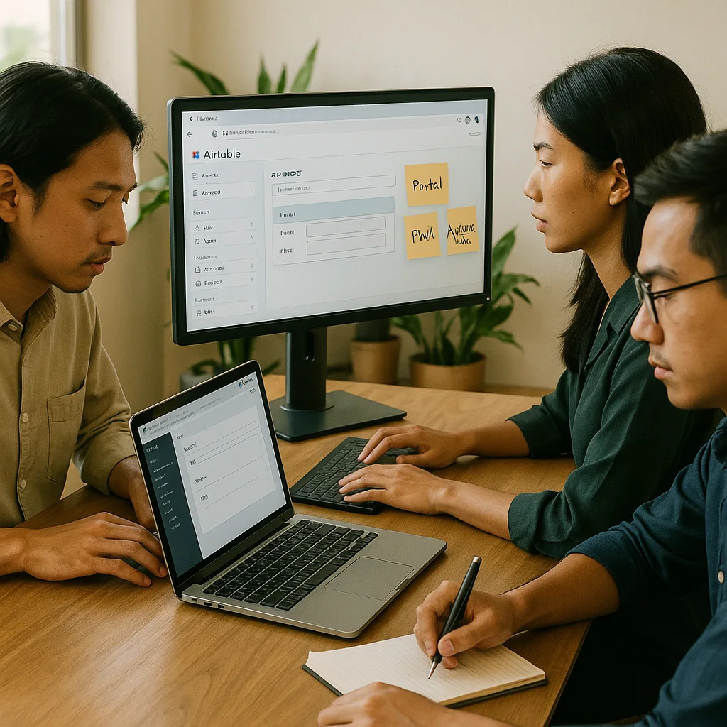 Tim kecil membangun aplikasi tanpa kode gratis dengan laptop dan papan tulis