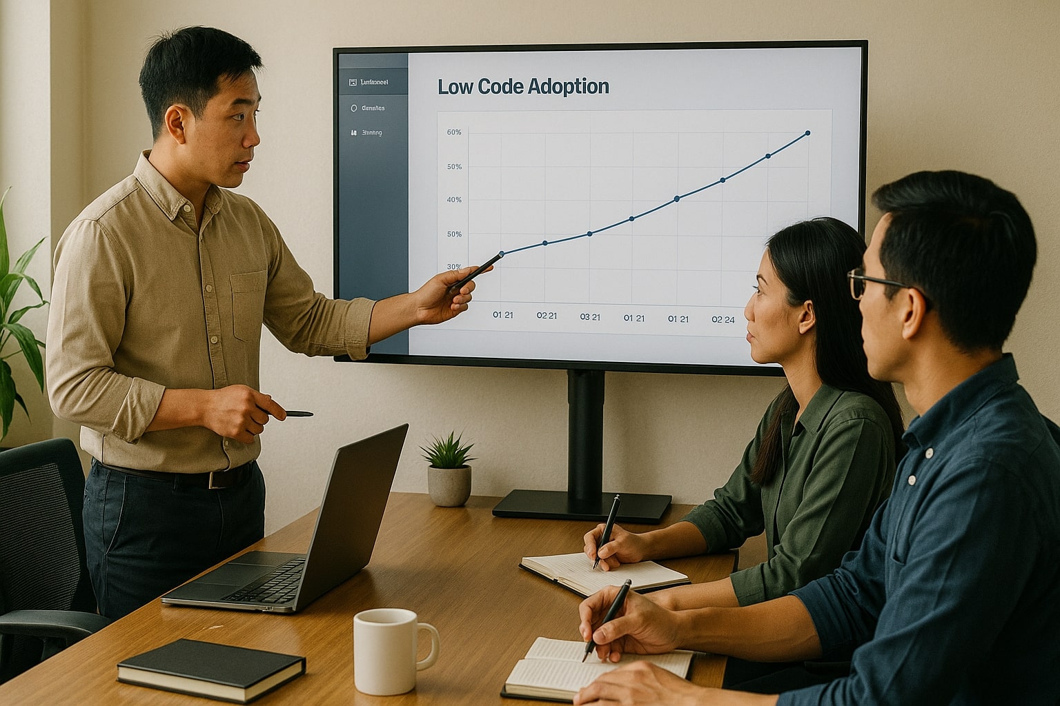 Diskusi tren no code 2025 dengan grafik pertumbuhan