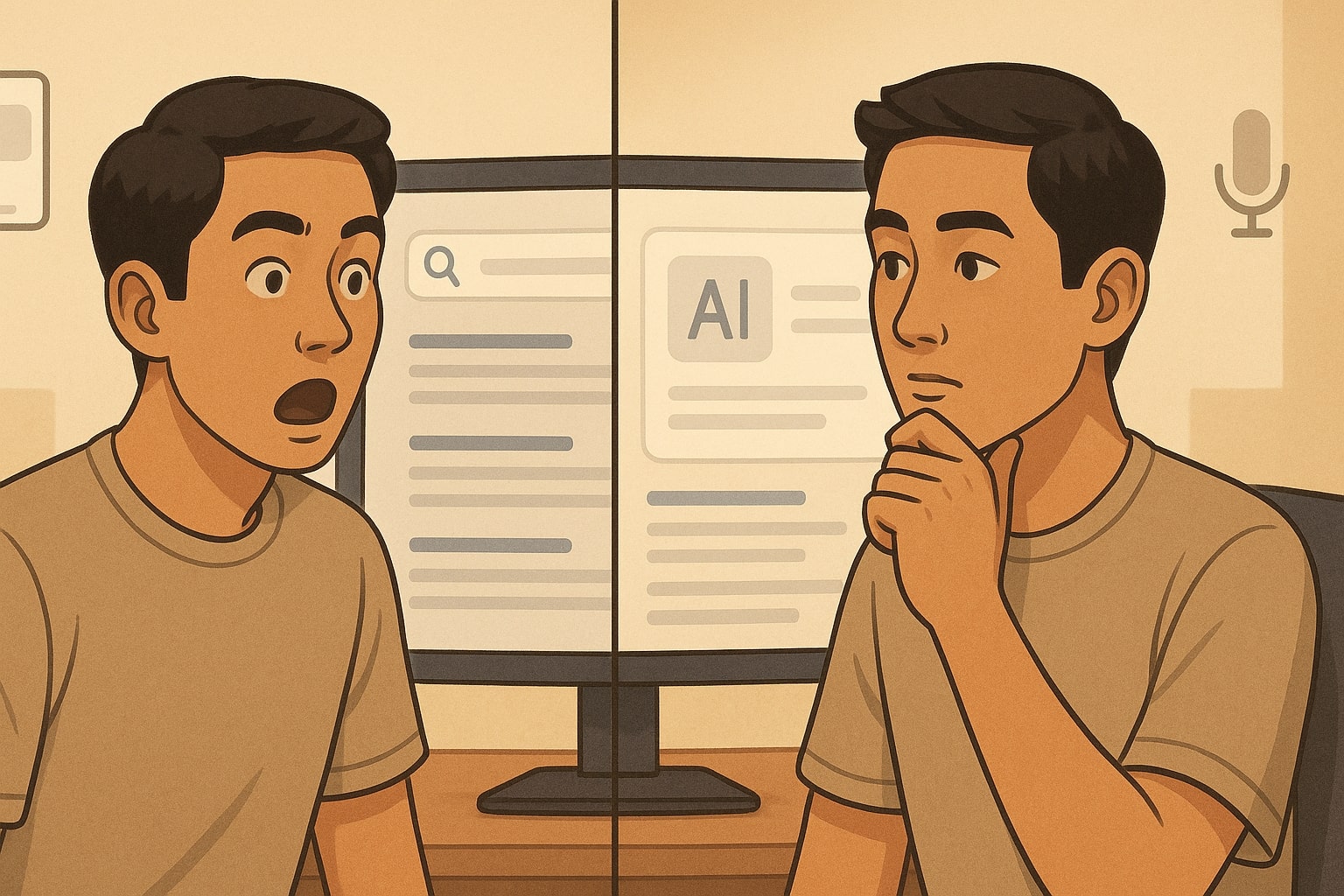 Ilustrasi perbandingan perilaku pencarian dulu dan sekarang dengan AI Overview