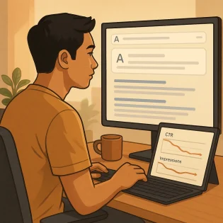 Ilustrasi marketer menganalisis dashboard SEO dengan blok AI Overview di layar pencarian