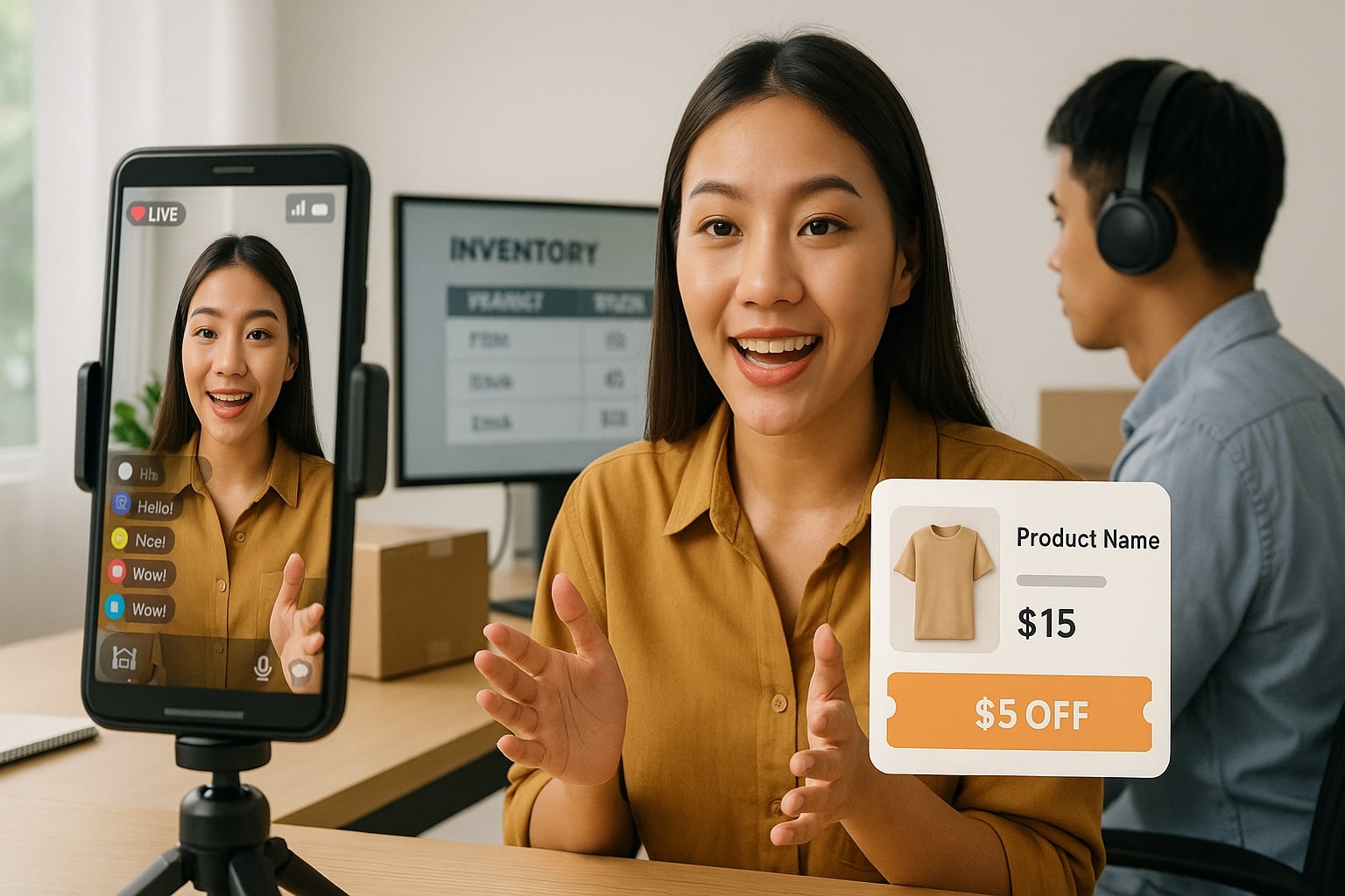 Host Live memandu penawaran produk dengan stok dan kupon siap