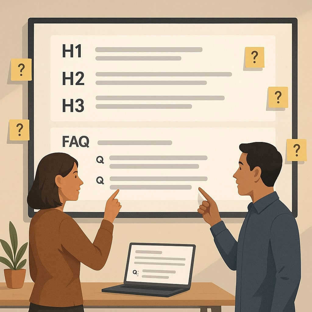 Ilustrasi struktur artikel dengan heading berbasis pertanyaan dan blok FAQ