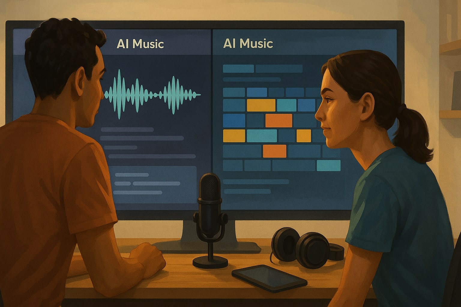 dua kreator musik mempelajari platform musik AI untuk membuat lagu viral tiga menit