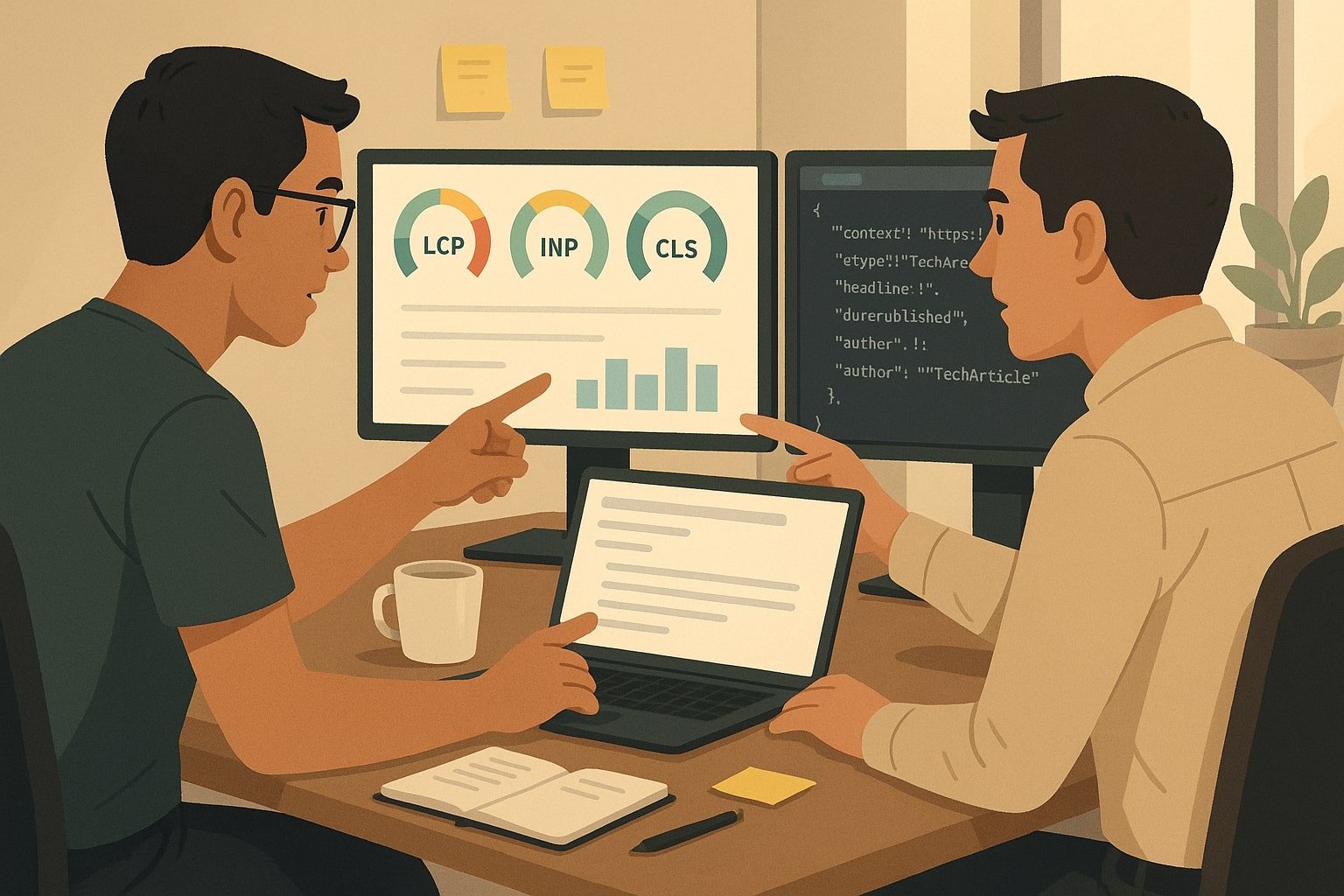 Ilustrasi developer dan seo specialist mengecek kecepatan situs dan schema di layar