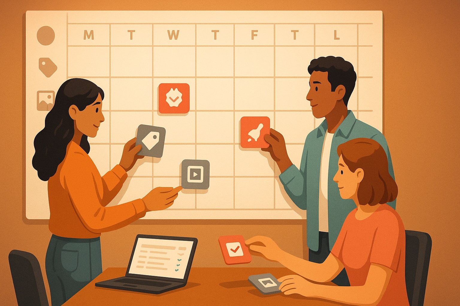 Marketing team planning TikTok GMV Max Black Friday tasks on a wall calendar and checklist