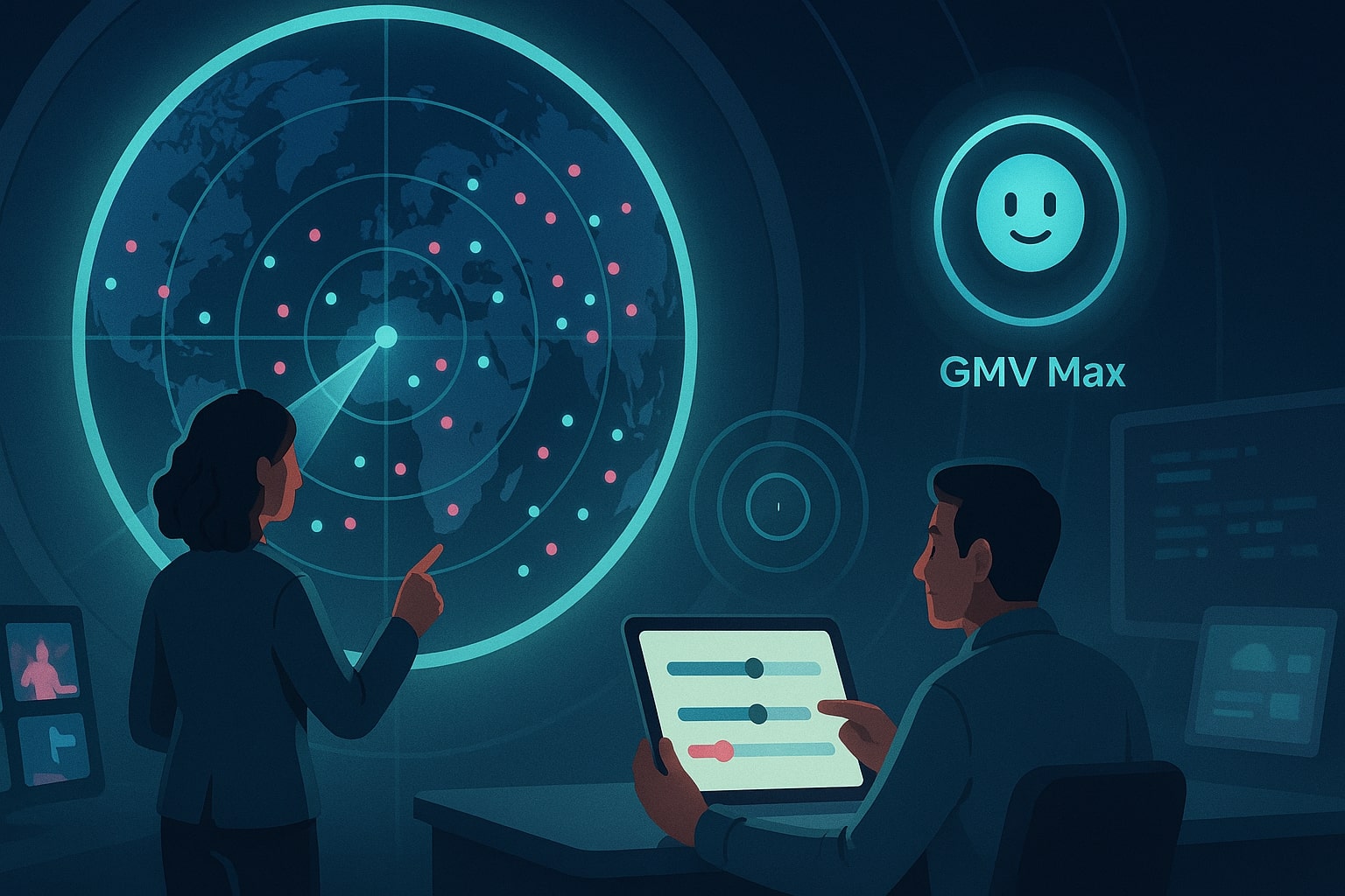 Marketer setting guardrails while GMV Max scans broad audiences on a radar screen