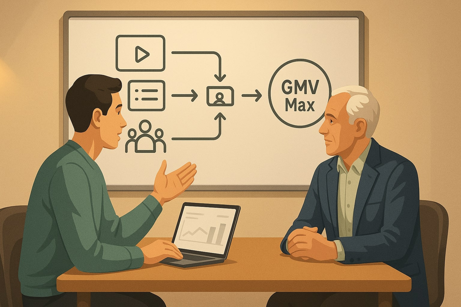 Analyst explaining TikTok Shop GMV Max flow from content and catalog to buyers
