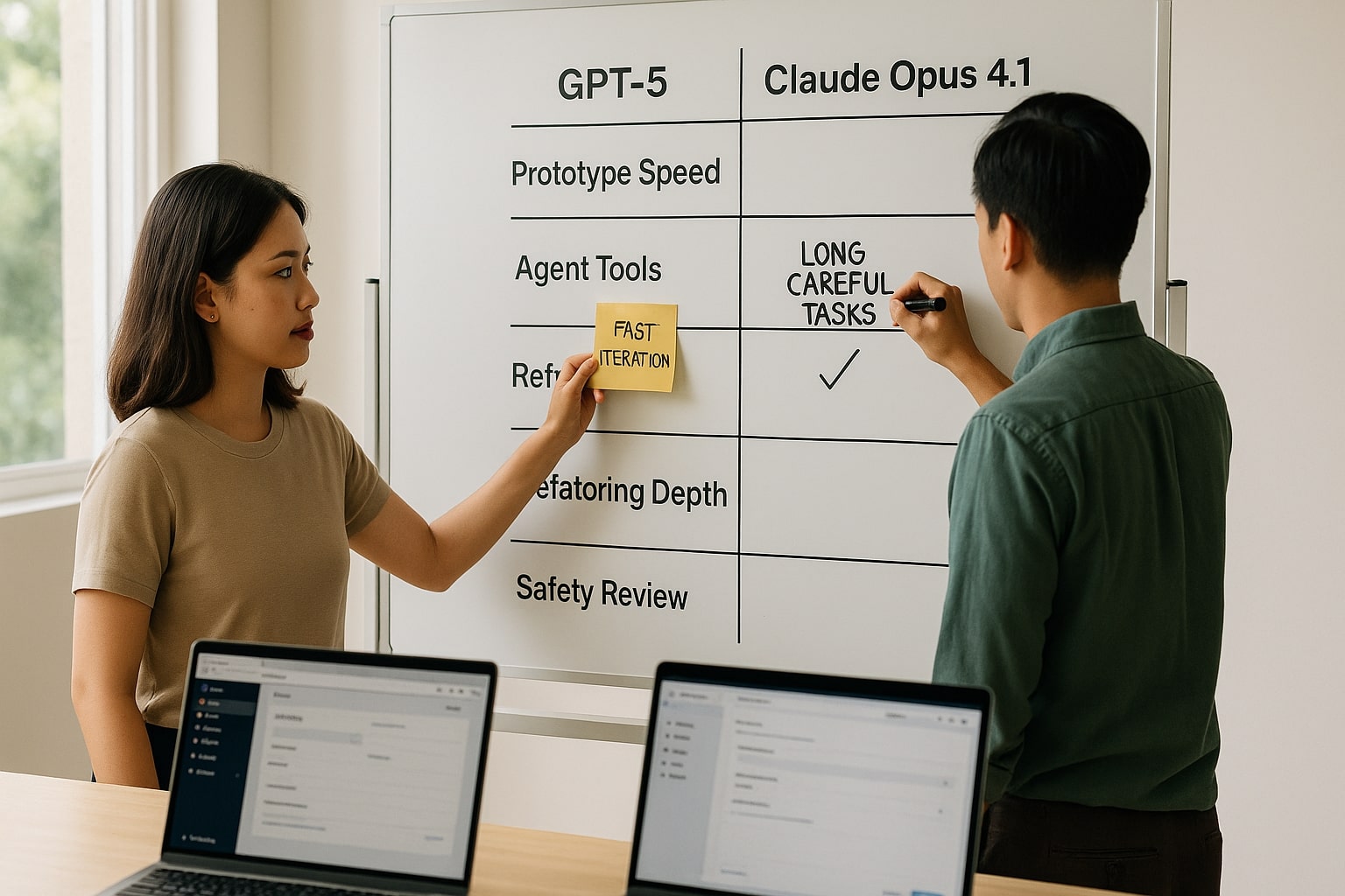 Team compares GPT-5 and Claude Opus 4.1 on a model choice matrix for builders and marketers