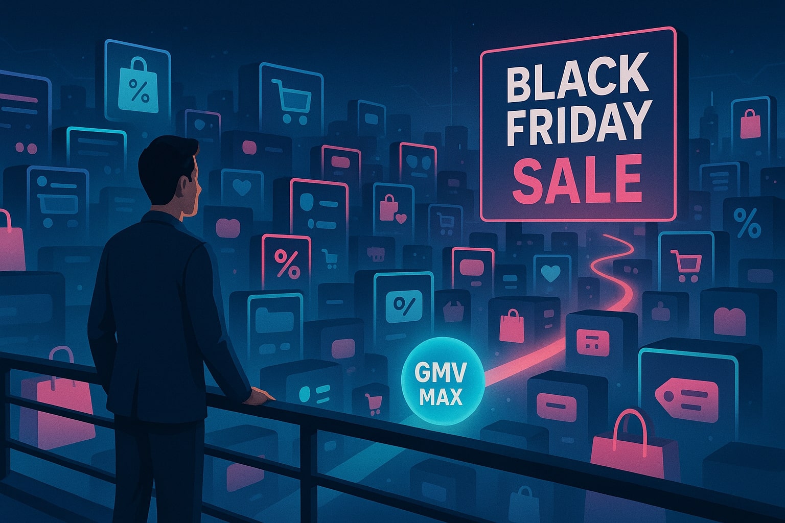 Marketer viewing a digital city of TikTok shopping cards guided by a GMV Max Black Friday path