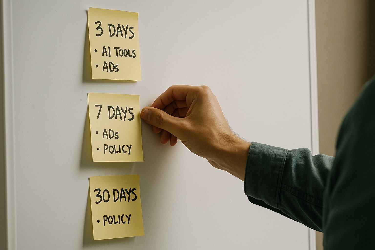 Person organizes AI action items on a 3, 7, and 30-day checklist board
