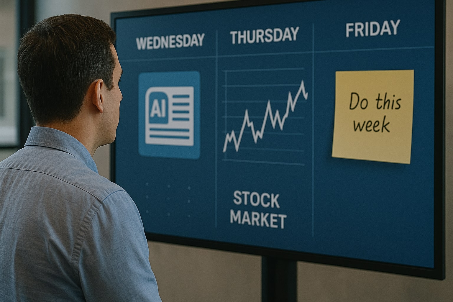 Knowledge worker reviews a three-day AI news timeline with market charts and to-do notes