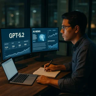Analyst reviews GPT-5.2, AI news headlines, and ad performance dashboards for a three-day briefing