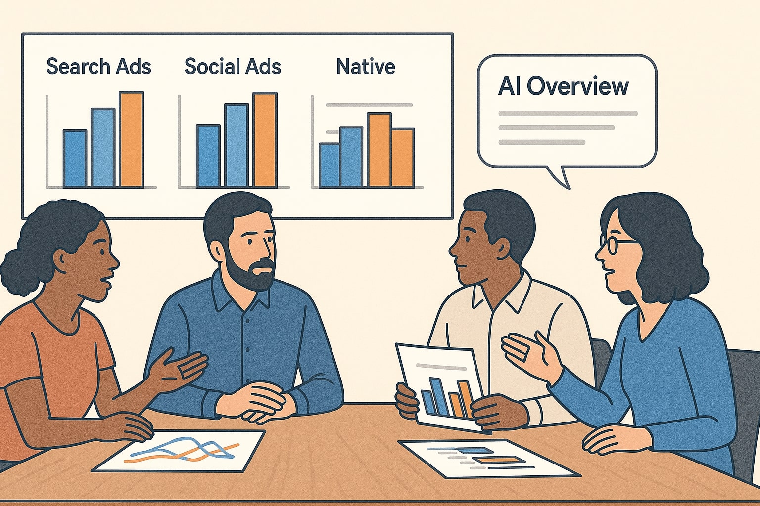 Marketing team comparing ad channels alongside AI Overview results