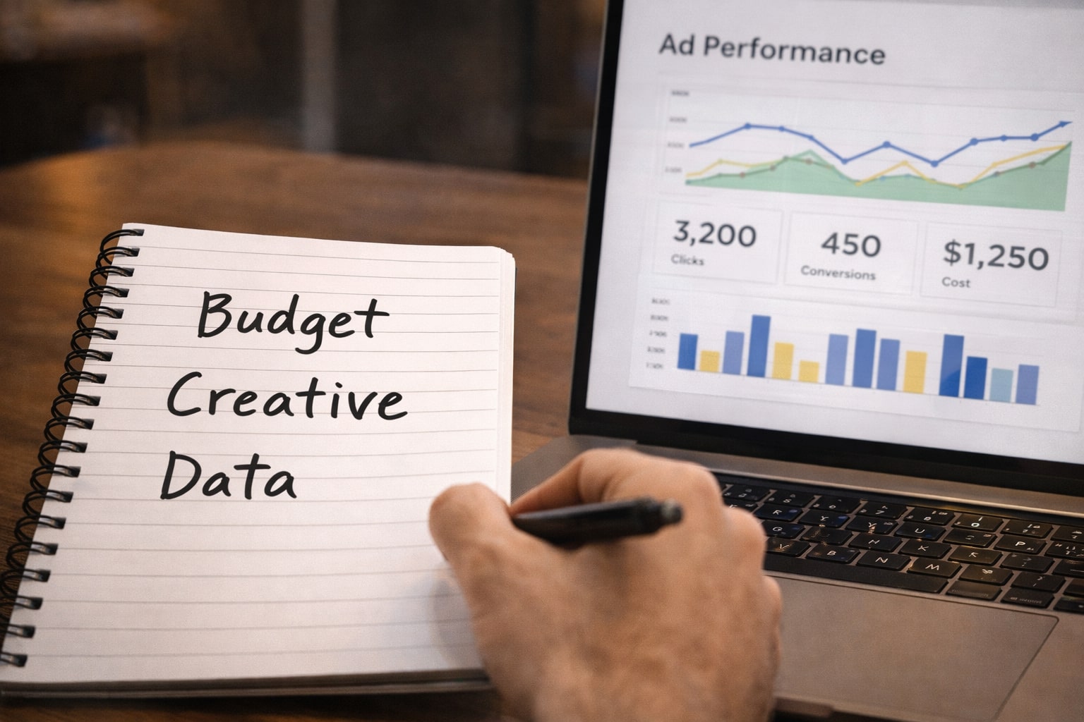 Catatan strategi berisi kata Budget, Kreatif, dan Data di samping laptop dengan grafik performa iklan