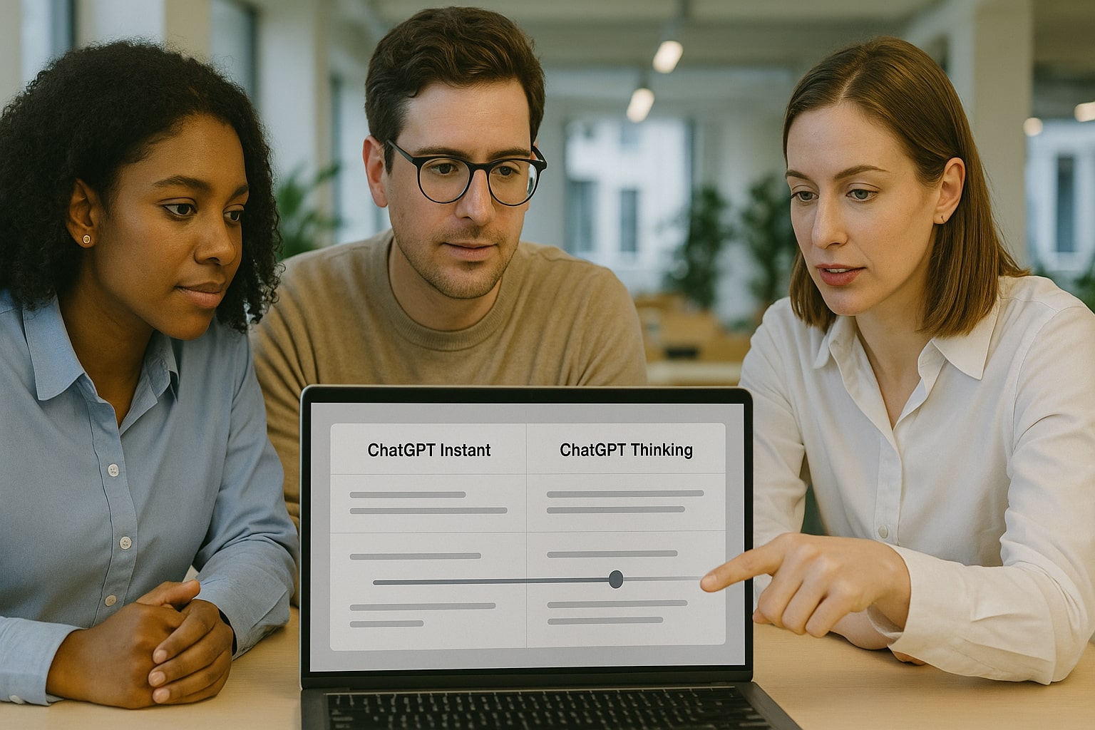 Team reviewing a table comparing ChatGPT Thinking vs Instant on a laptop